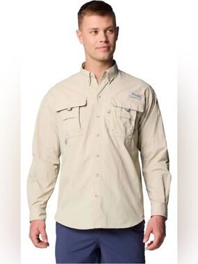 Columbia PFG Bahama II Long Sleeve Fishing Shirt in a fossil Tan/Beige